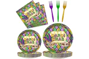 Kepeel 96 Pcs Mardi Gras Party Supplies Masquerade Mask Paper Plates Napkins Set Disposable Dinnerware Tableware for New Orleans Party, Serves 24