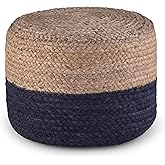 SIMPLIHOME Lydia Boho Round Pouf in Navy, Natural Braided Jute for the Living Room, Bedroom and Kids Room