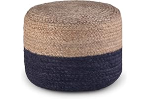SIMPLIHOME Lydia Boho Round Pouf in Navy, Natural Braided Jute for the Living Room, Bedroom and Kids Room