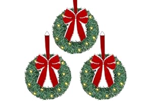ATDAWN 3 Pack Mini Christmas Wreath, Lighted Christmas Front Door Wreath, Xmas Wreath for Holiday Christmas Party Decorations (Red Bow)