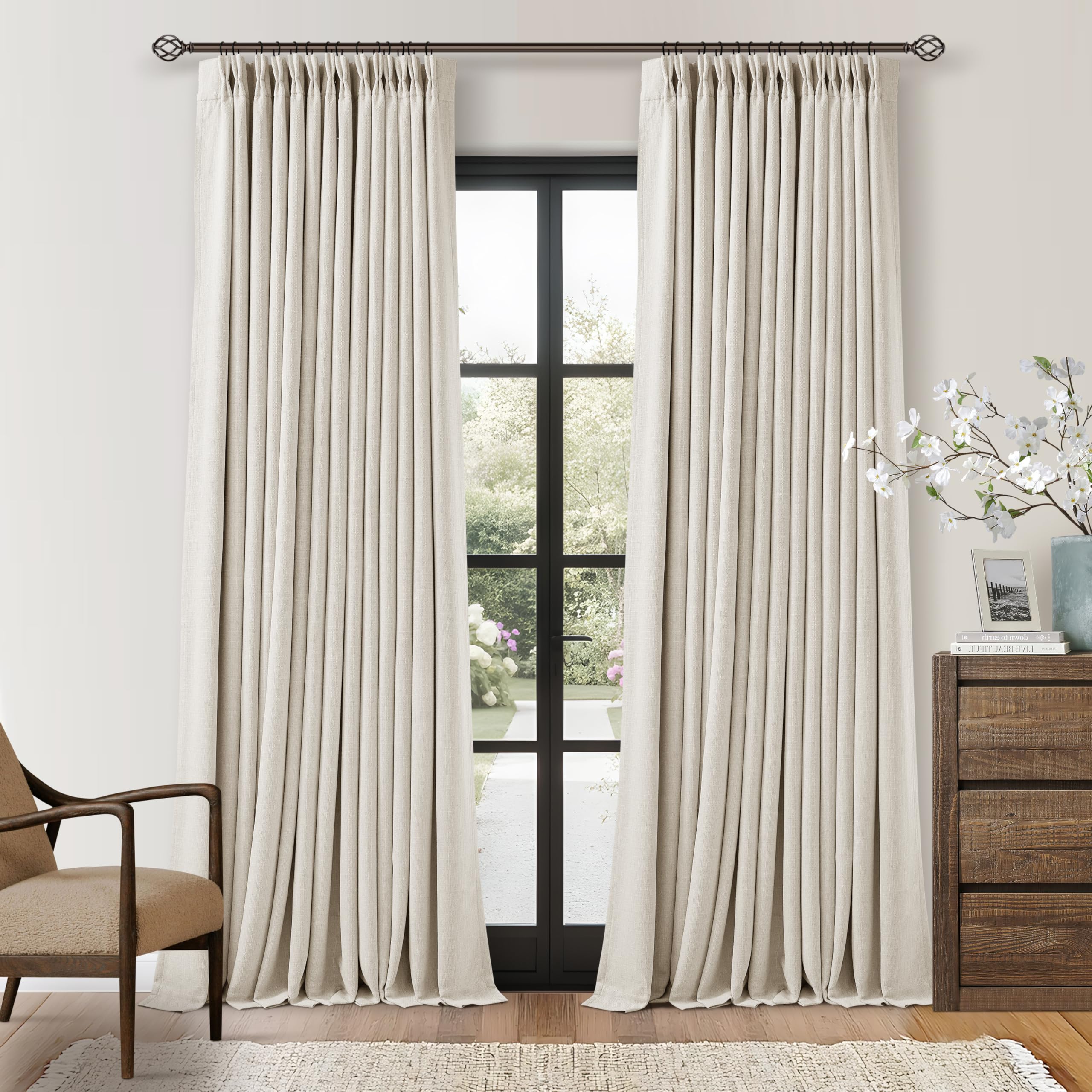 Photo 1 of Cream White Linen Blackout Pleated Curtains 108 Inches Long 2 Panels Set Pinch Pleate 100% Black Out Double Layer Natural Burlap Thermal Insulated Drapes for Bedroom Living Windows 108 Inch Length