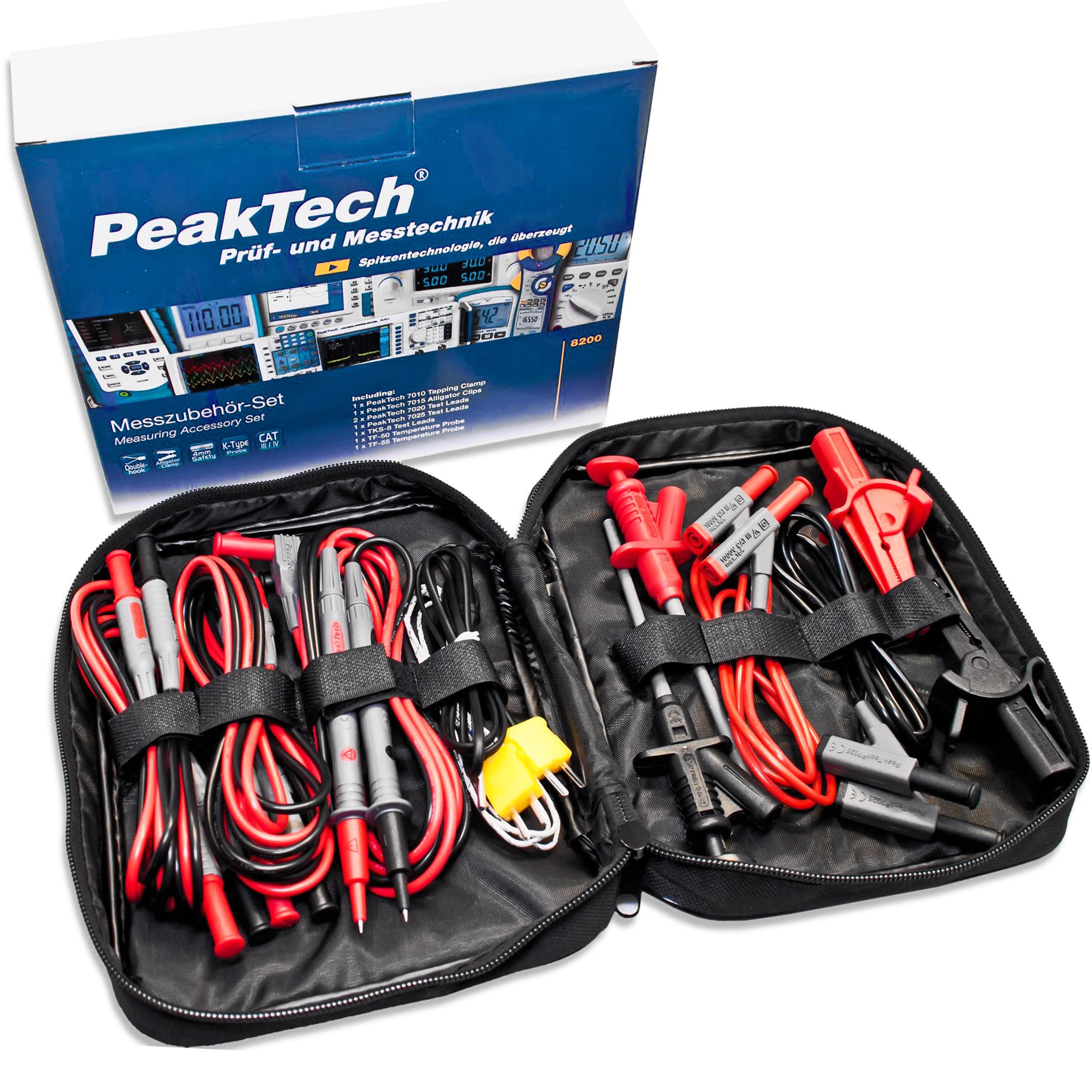 PeakTech 8200 - Measuring Accessory Set for Digital Multimeter, Test Cables, Laboratory Cables, Tapping Clamps, Alligator Clips, Flexible and Non-slip Plastic - 14 Pieces, Bag Included