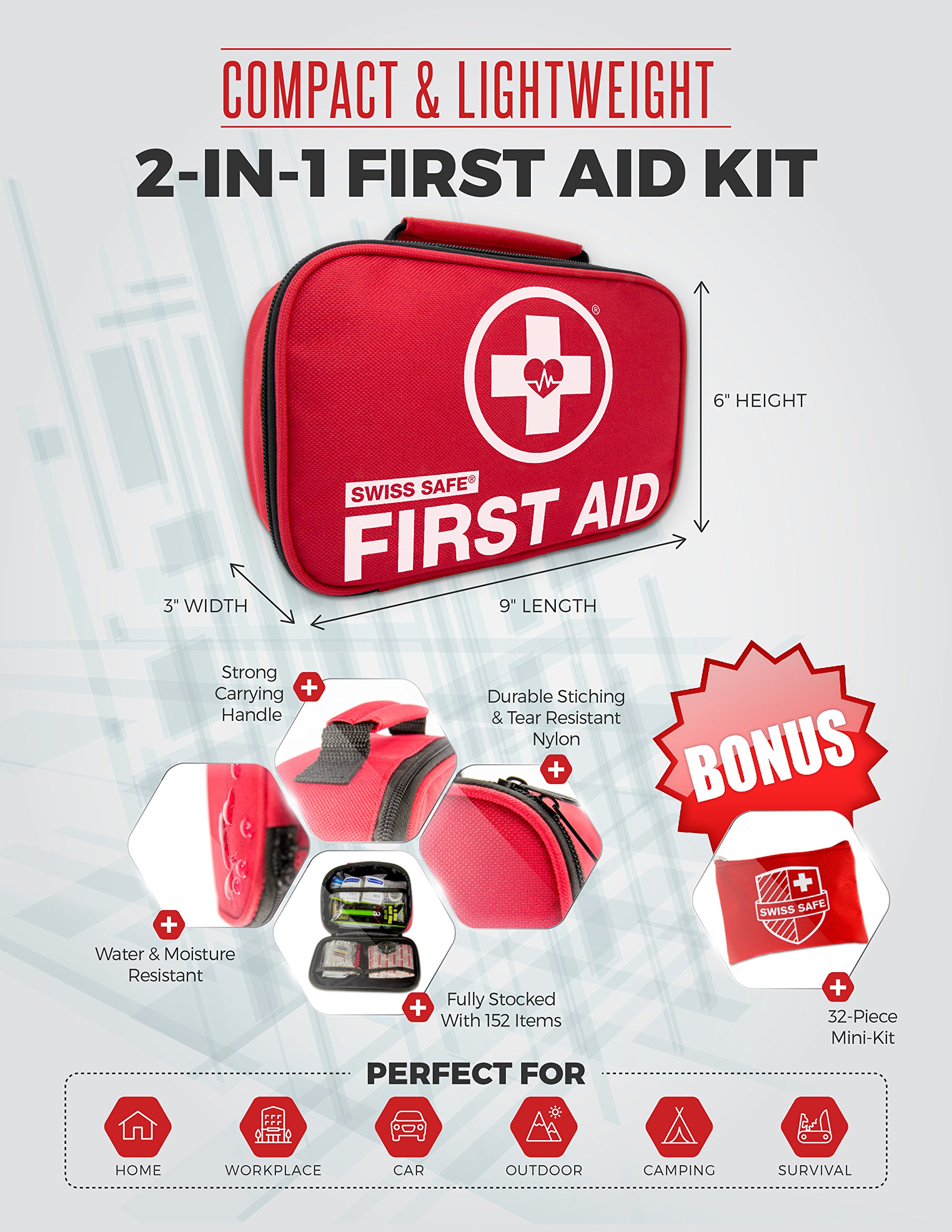 Swiss Safe 2in1 First Aid Kit (120 Piece) + Bonus 32Piece Mini First