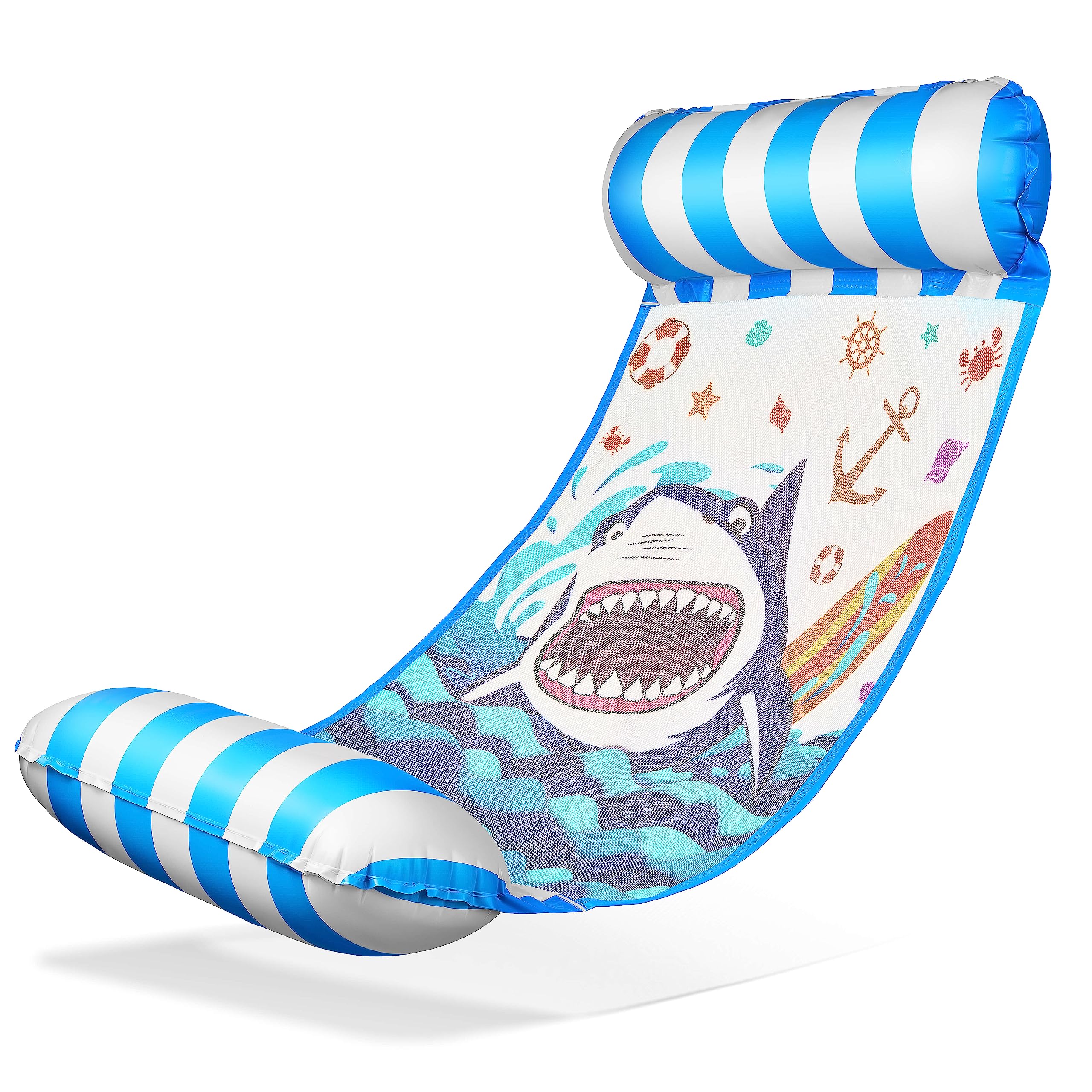 Balinco Inflatable Water Hammock Air Mattress with 2 Air Chambers & Nylon Net for Pool - Floatie Water Mattress Relax Lounger for Adults & Children - Summer Pool Accessories (Shark Blue)