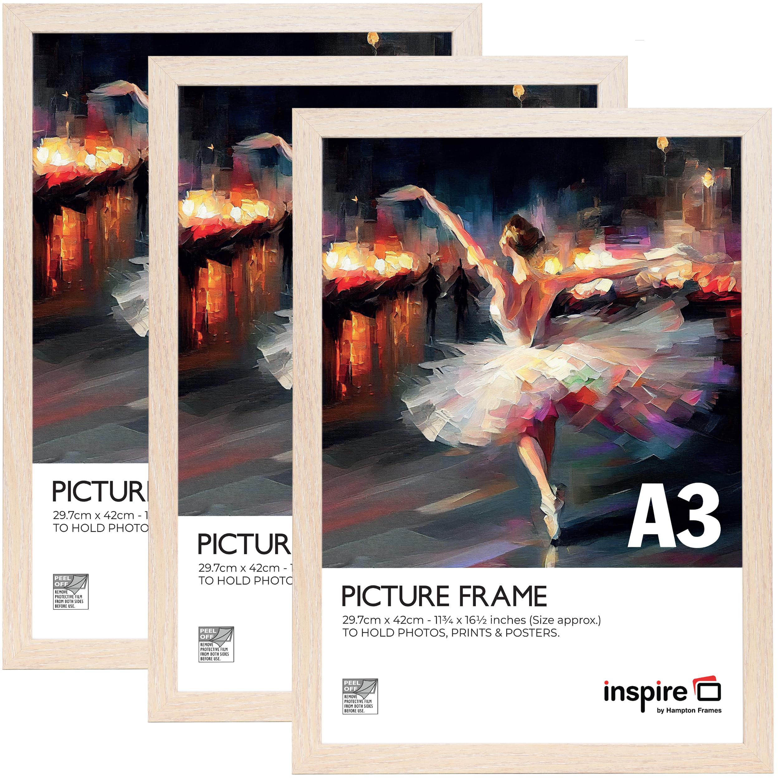 Inspire By Hampton WELFORD A3 (29.7x42cm) Natural Poster Frame Acrylic (Non-Glass) Front Pack of 3