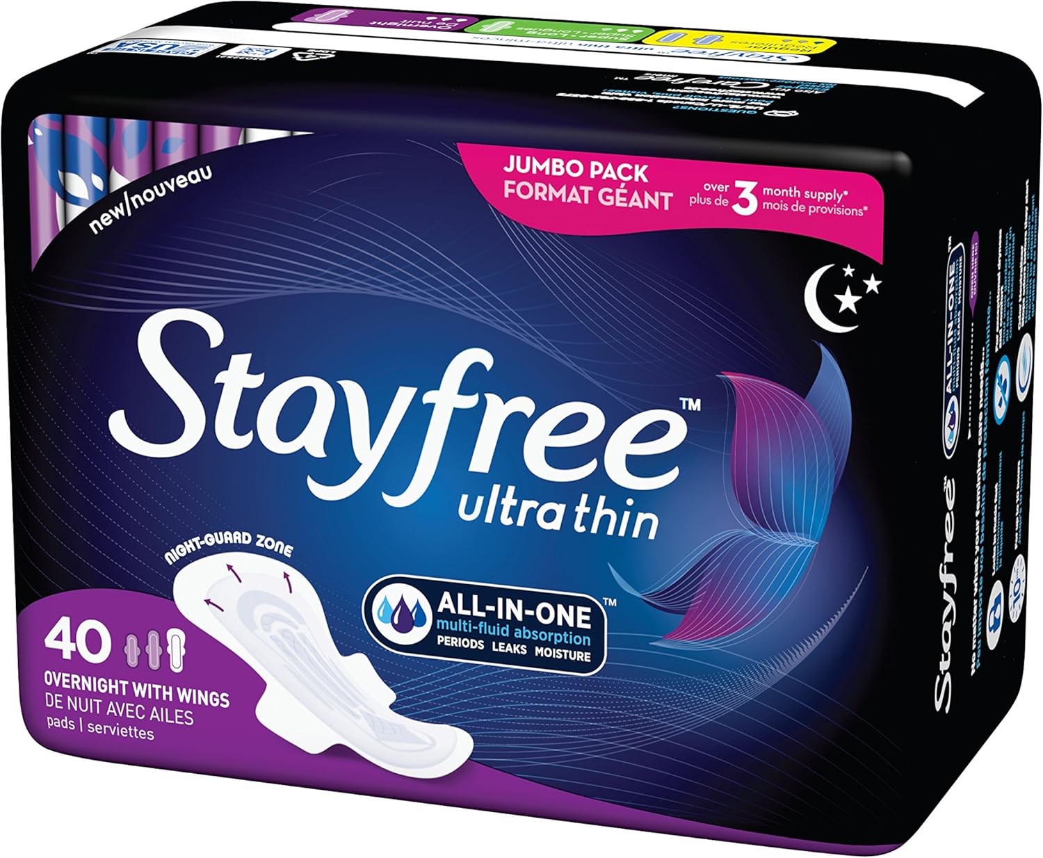 Stayfree Ultra Thin Overnight Pads with Wings, For Women, Reliable Protection and Absorbency of Feminine Moisture, Leaks and Periods, 40 count - Pack of 3: Health & Personal Care