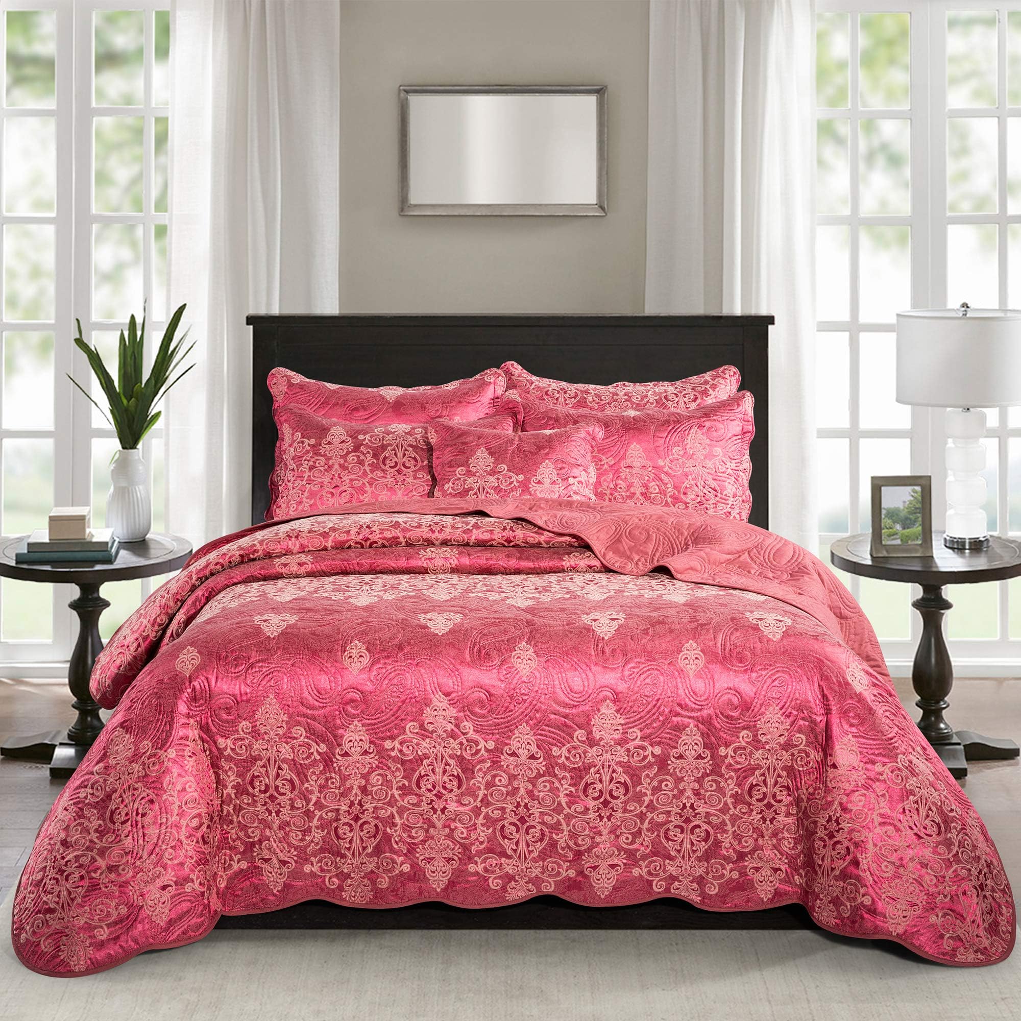 Hafaa Quilted Bedspread Double Size - with 2 Pillow Shams Satin Jacquard Embroidered Pattern 220x240cm, (Burgundy)