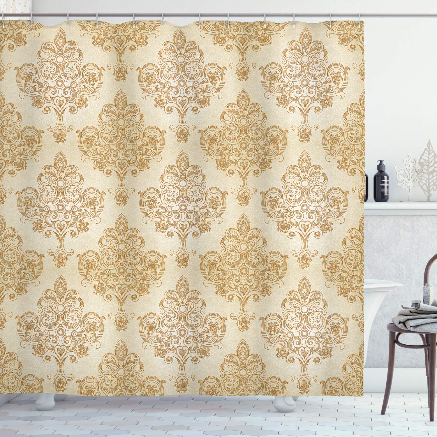 ABAKUHAUS Ivory Shower Curtain, Vintage Baroque Pattern with Curved Flower Lines Rococo Style Ornate Artwork, Cloth Fabric Bathroom Decor Set with Hooks, 86 Inches Extra Long, Cream Pale Brown