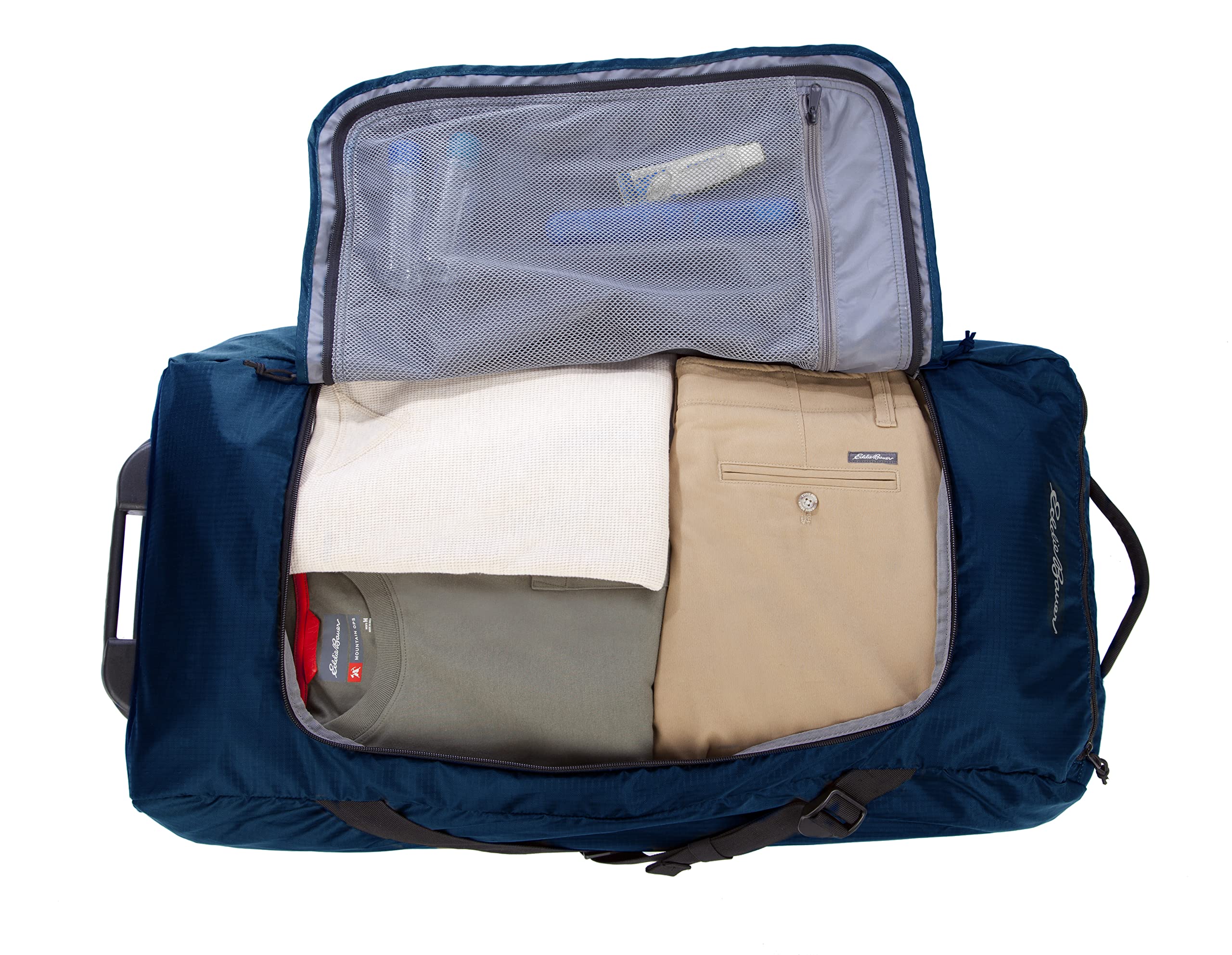 Eddie Bauer Traverse Rolling Duffel Bag-Made from Ripstop Polyester with Telescoping Handle, Medium Indigo, 78L