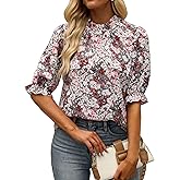 ZILIN Women's Summer Boho Floral Shirt Top Ruffle Mock Neck Puff Short Sleeve 2026 Casual Blouses