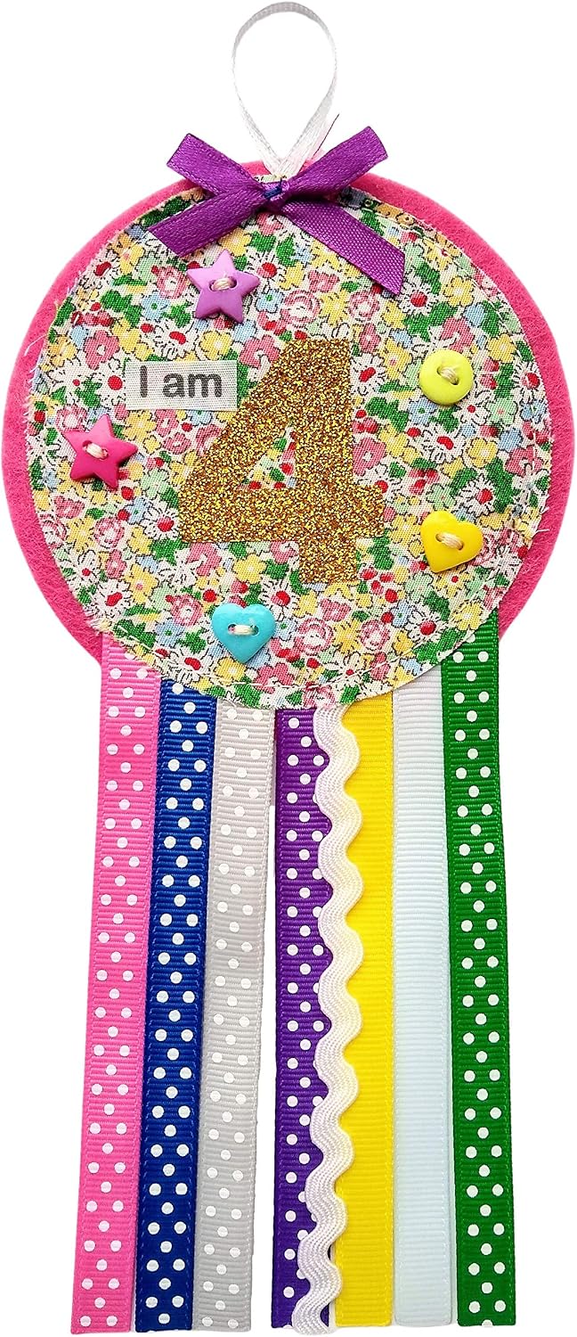 Ditsy Rosettes Floral Birthday Rosette Badge - Age 3, 4, 5, 6, 7, 8, 9 - Perfect Party Gift card - Birthday Boy, Birthday Girl (Age 4)