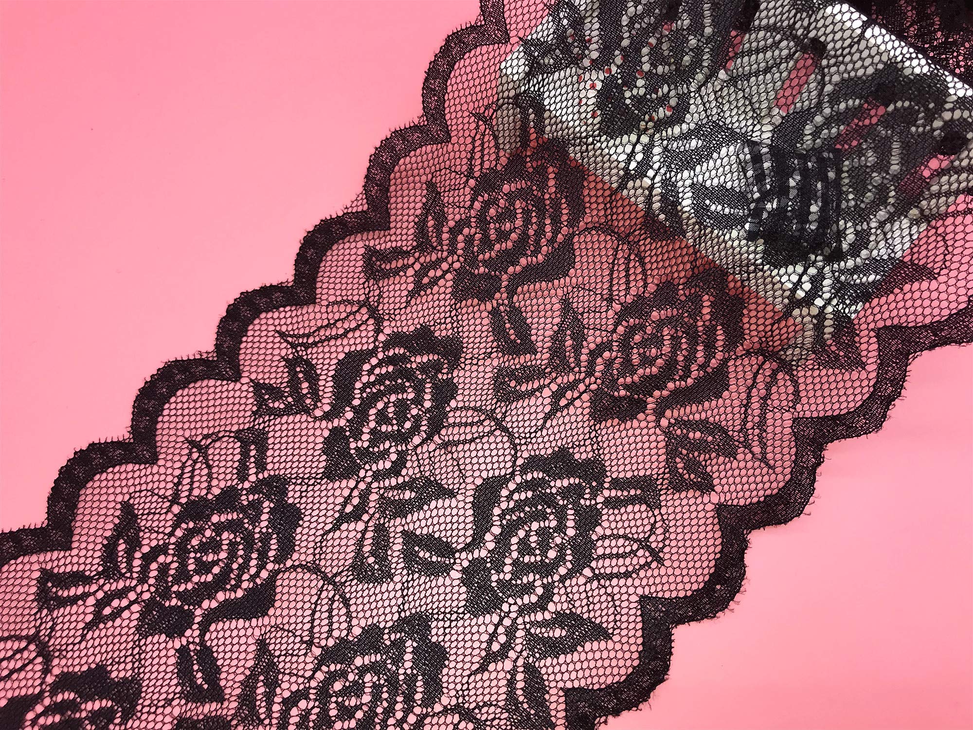 15CM Width Europe Rose Pattern Elastic Nylon Lace Trim,Curtain Tablecloth Slipcover Bridal DIY Clothing/Accessories.(5 Yards in one Package) … (Black)