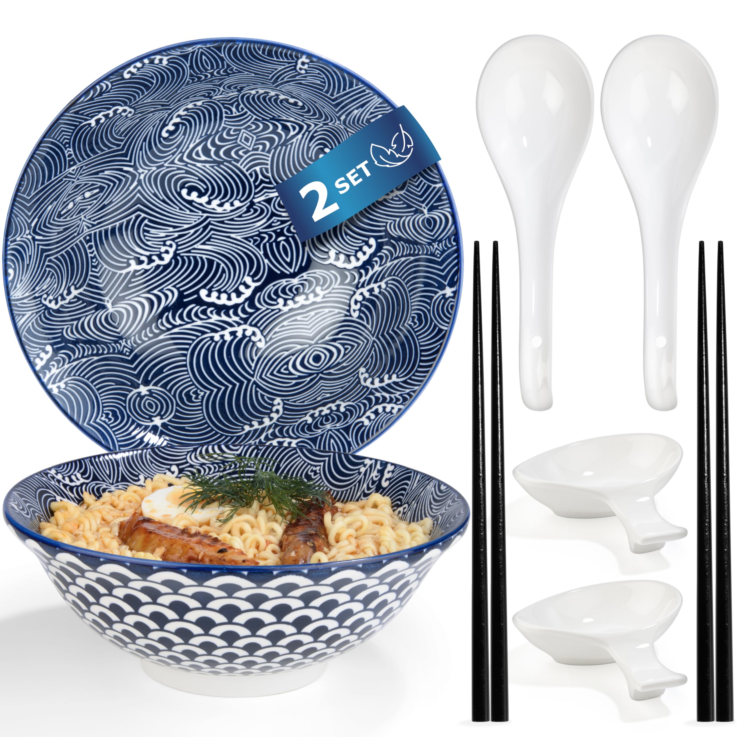 Urban Lifestyle Ramen Bowl Set for 2 SEIGAIHA Japanese Porcelain Ramen Bowls Ø 20.5 cm with Ramen Spoons, Dipping Bowls & Chopsticks