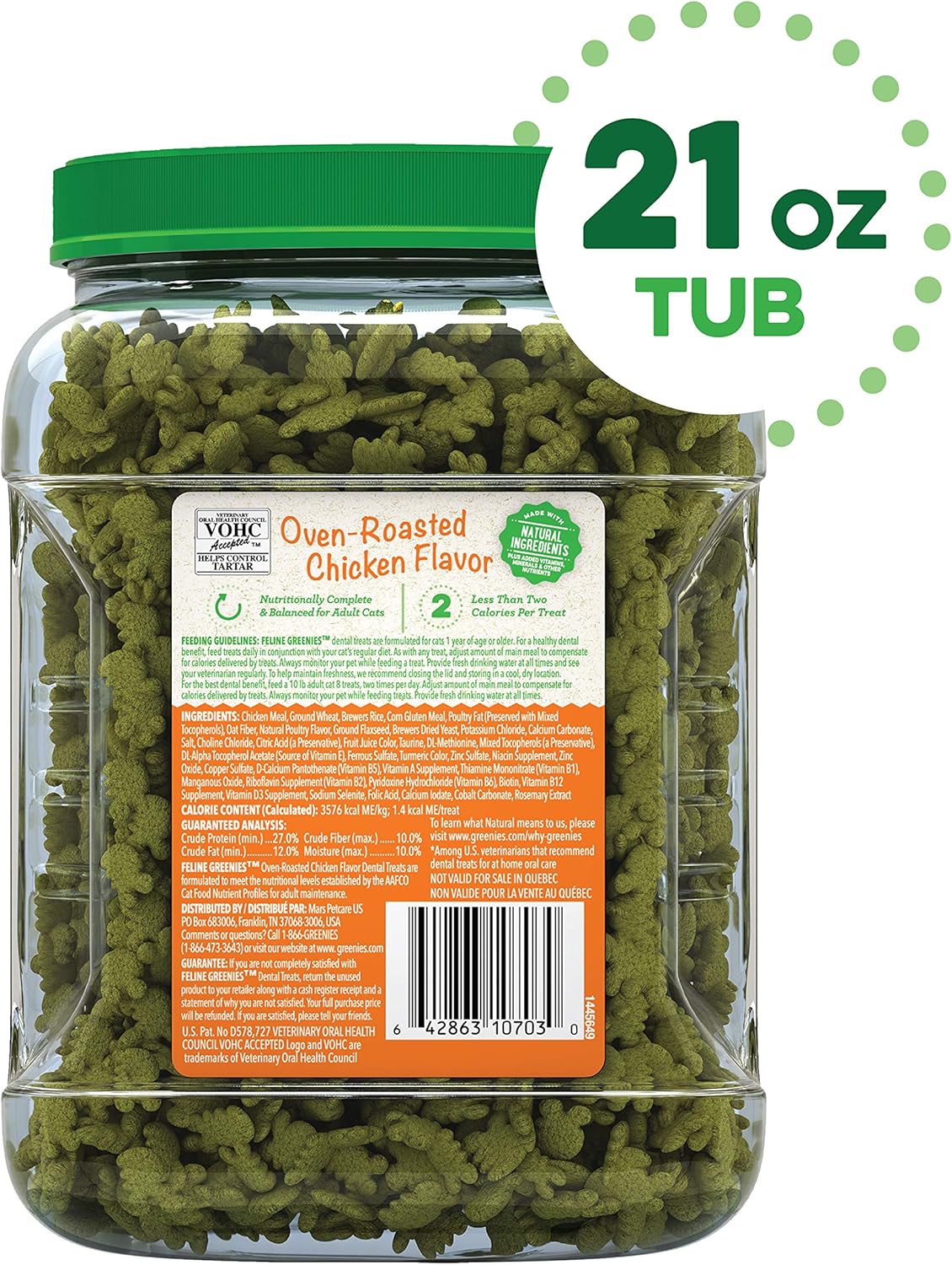 FELINE GREENIES Natural Dental Care Cat Treats Oven Roasted Chicken Flavor, 21 oz. Tub : Pet Supplies