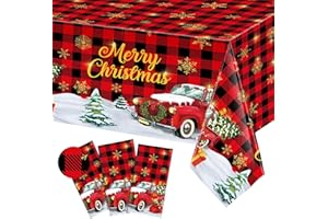 Tiamon 3 Pack Christmas Red Truck Tablecloths Decor Plastic Xmas Party Table Covers Retro Merry Christmas Tree Farm Print Party Supplies Xmas Winter Holiday B'day Party Decor, 54''x108'' (Plaid)