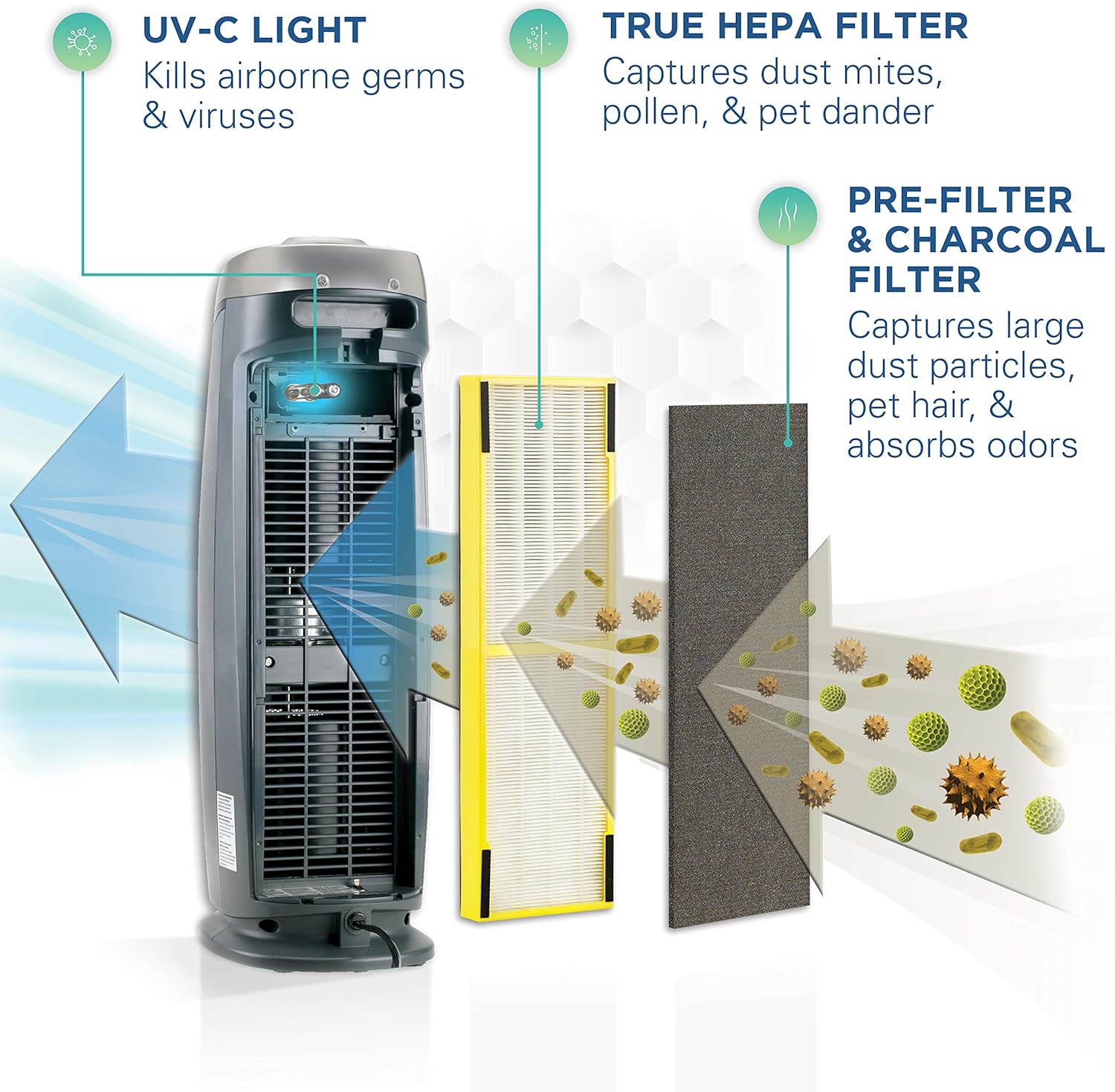 Germ Guardian True HEPA Filter Air Purifier with UV Light Sanitizer, Eliminates Germs, Filters Allergies, Pollen, Smoke, Dust Pet Dander, Mold Odors, Quiet 22 inch 4-in-1 Air Purifier for Home AC4825E: Health & Personal Care