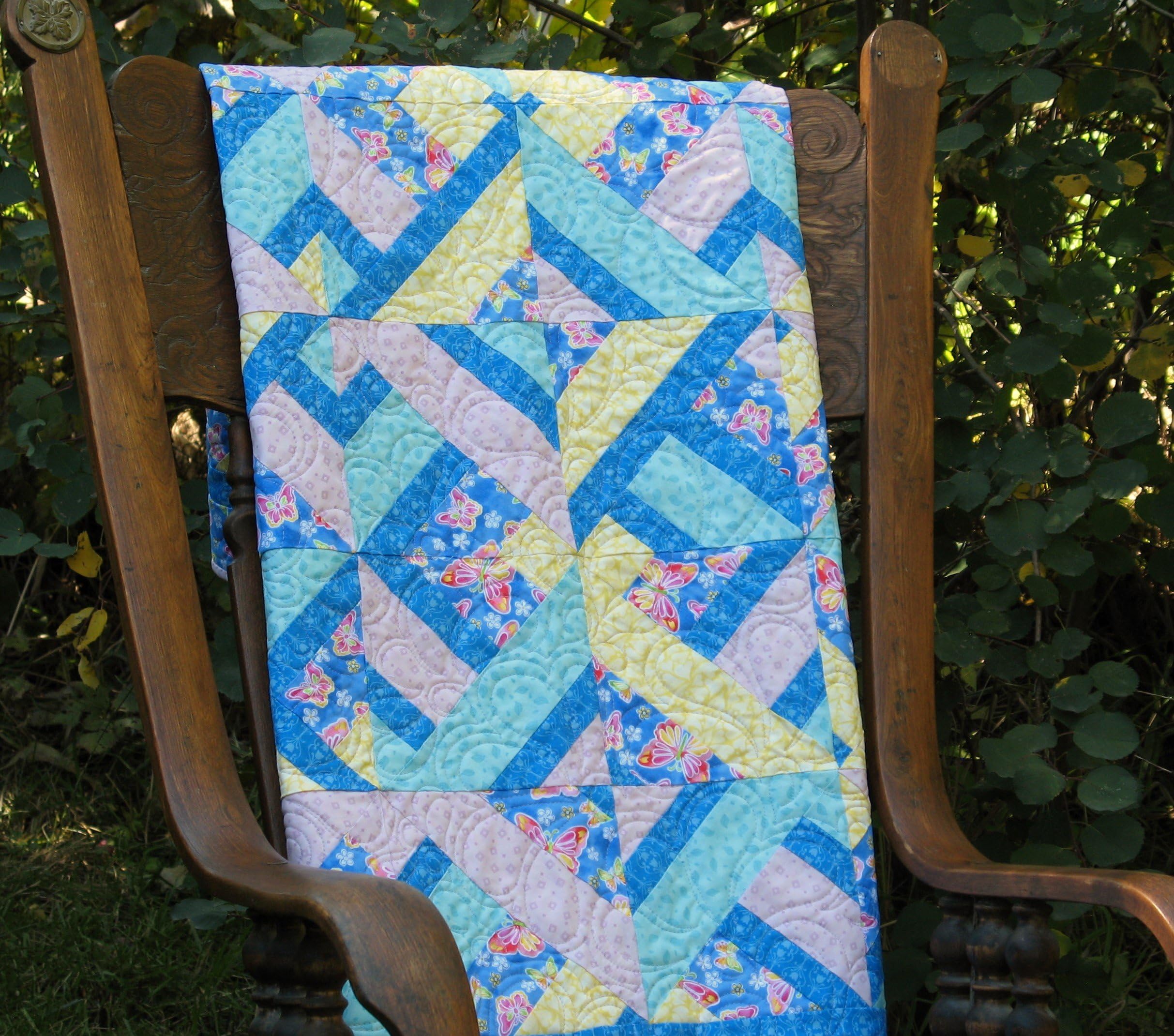 Baby Girl Quilt, in Blue, Purple, Yellow, and Aqua with Butterflies, 44" x 44", Homemade Quilt, Handmade Baby Quilt