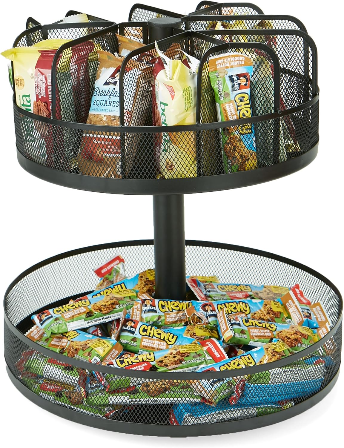 Mind Reader SNACKMESH-BLK SNACKMESH Lazy Susan 2 Tier Granola bar & Snack Organizer, 13.75 x 14.25 High, Metal Mesh