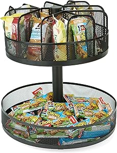 Mind Reader SNACKMESH-BLK SNACKMESH Lazy Susan 2 Tier Granola bar & Snack Organizer, 13.75 x 14.25 High, Metal Mesh