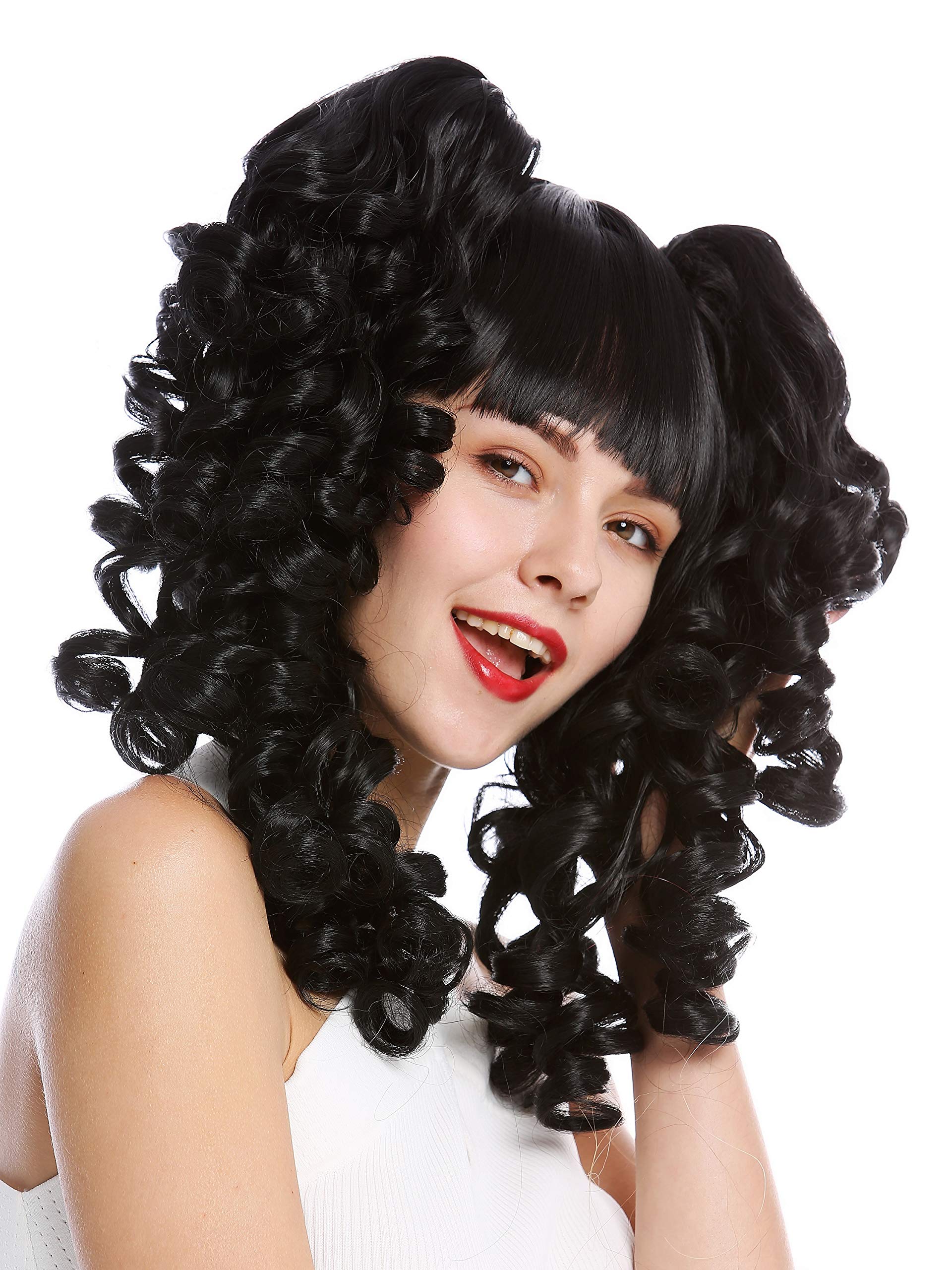 WIG ME UP - YZF-7080+A-1 Lady Cosplay Quality Wig bob + 2 removable ponytails pigtails curled bangs ringlets black