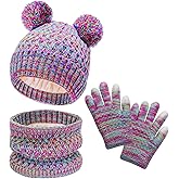 LYDTICK Kids Winter Hat Scarf Gloves Set, Toddler Beanie with Double Pom Pom Fleece Lined, Touch Screen Mitten for Girls Boys