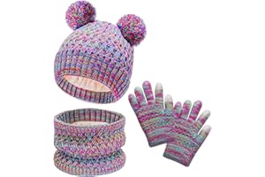 LYDTICK Kids Winter Hat Scarf Gloves Set, Toddler Beanie with Double Pom Pom Fleece Lined, Touch Screen Mitten for Girls Boys