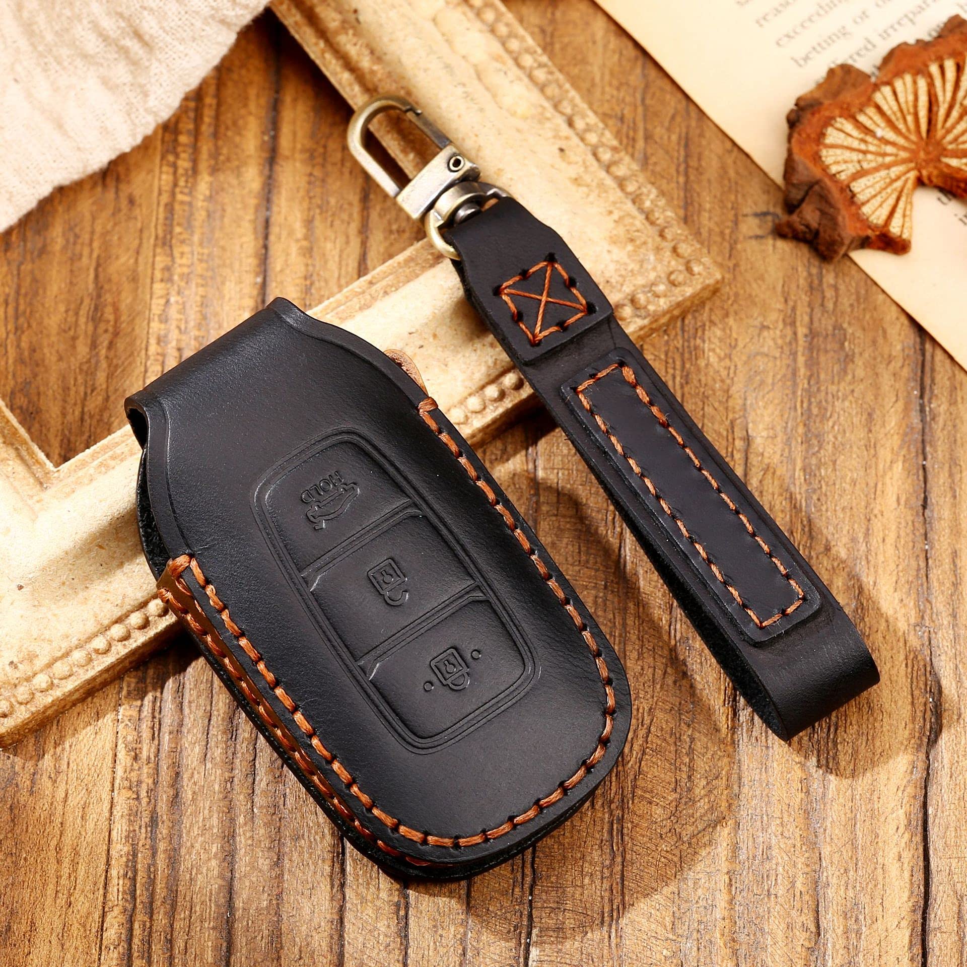 HIBEYO Smart Car Key Case Fits Hyundai Protective Key Case for Kona i10 i30 ioniq Accent Tucson Key Chain Leather Key Fob Remote Key Case A-A Black