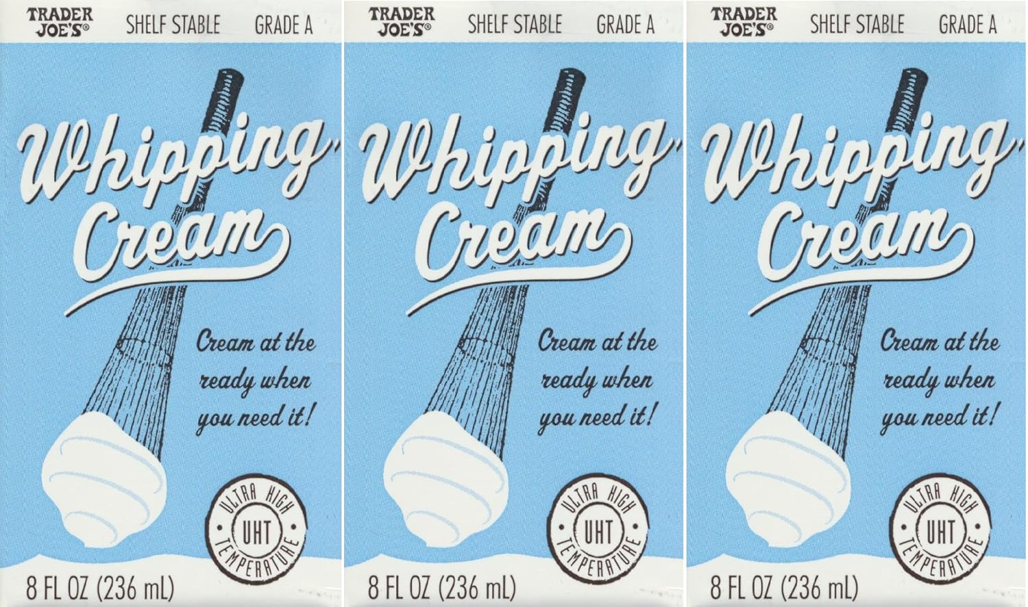 3 pack Trader Joe's Shelf Stable Tetra Grade A Whipping Cream 8 FL Oz