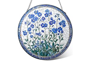 LITIVY Forget-Me-Not Flower Stained Glass Suncatcher, 7.8 Inch Handmade Blue Floral Window Hanging Decor - Garden, Home Gift 