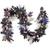 DecorbyHannah 6ft Halloween Garland for Mantle with Lights Black Leaf Decor | Jack-o'-Lantern Purple Pumpkin Mystic Maple Leaves Halloween Decorations for Fireplace Table Stair Holiday Home Indoor