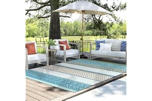 LEEVAN Outdoor Rug 5x7, Machine Washable Patio Rug Woven Reversible Outside Area Rug, Durable Portable Camping/RV Mat, Cotton Geometric Carpet for Balcony/Porch/Dining Room/Office, Blue & Green