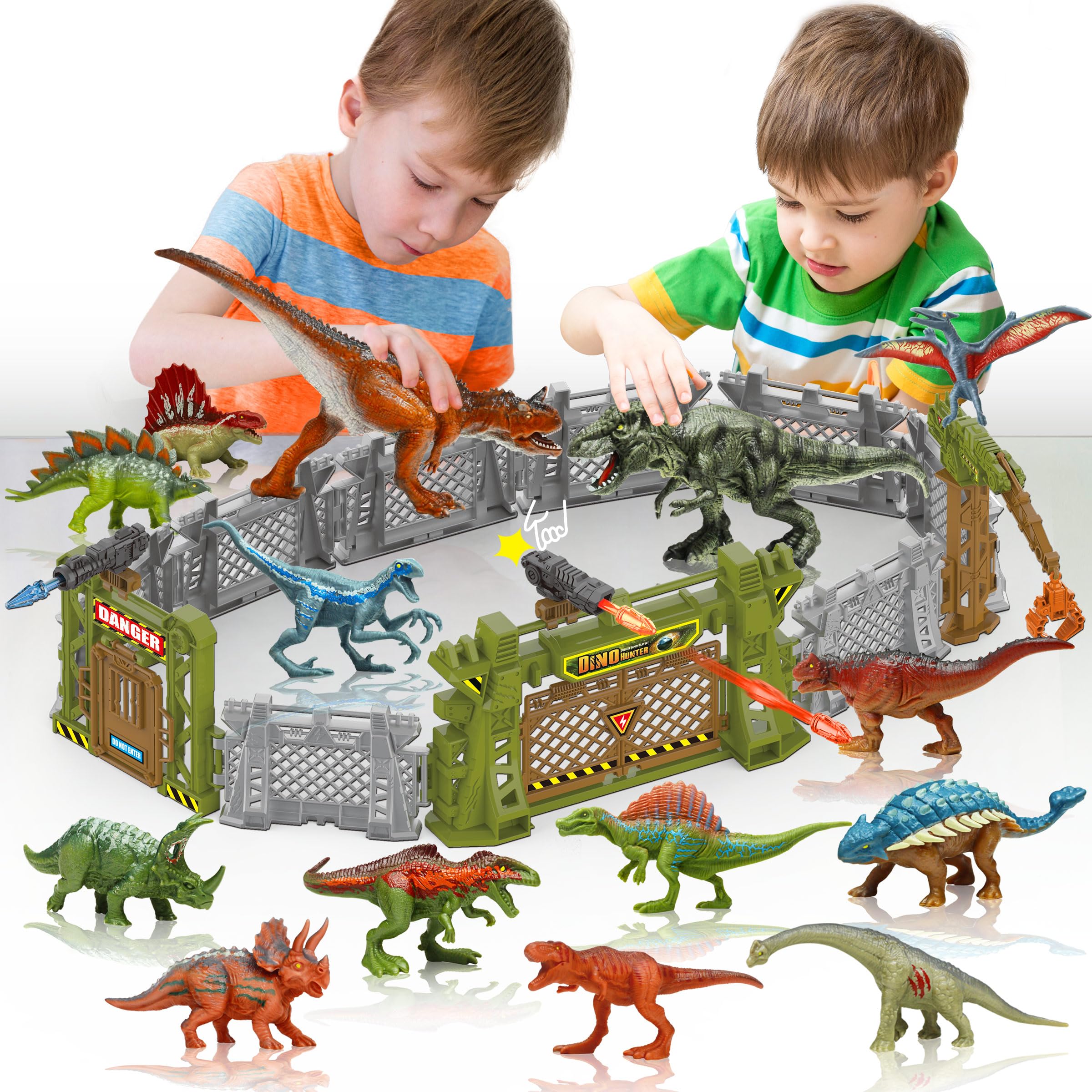 Oriate Dinosaur Catch n Run Fighting Playset, Include Big Trex & Carnotaurus 12 Miniature Dino Figurines, 2 Trees 2 Blasters and More, Dinosaurs Toy Gift for Kids