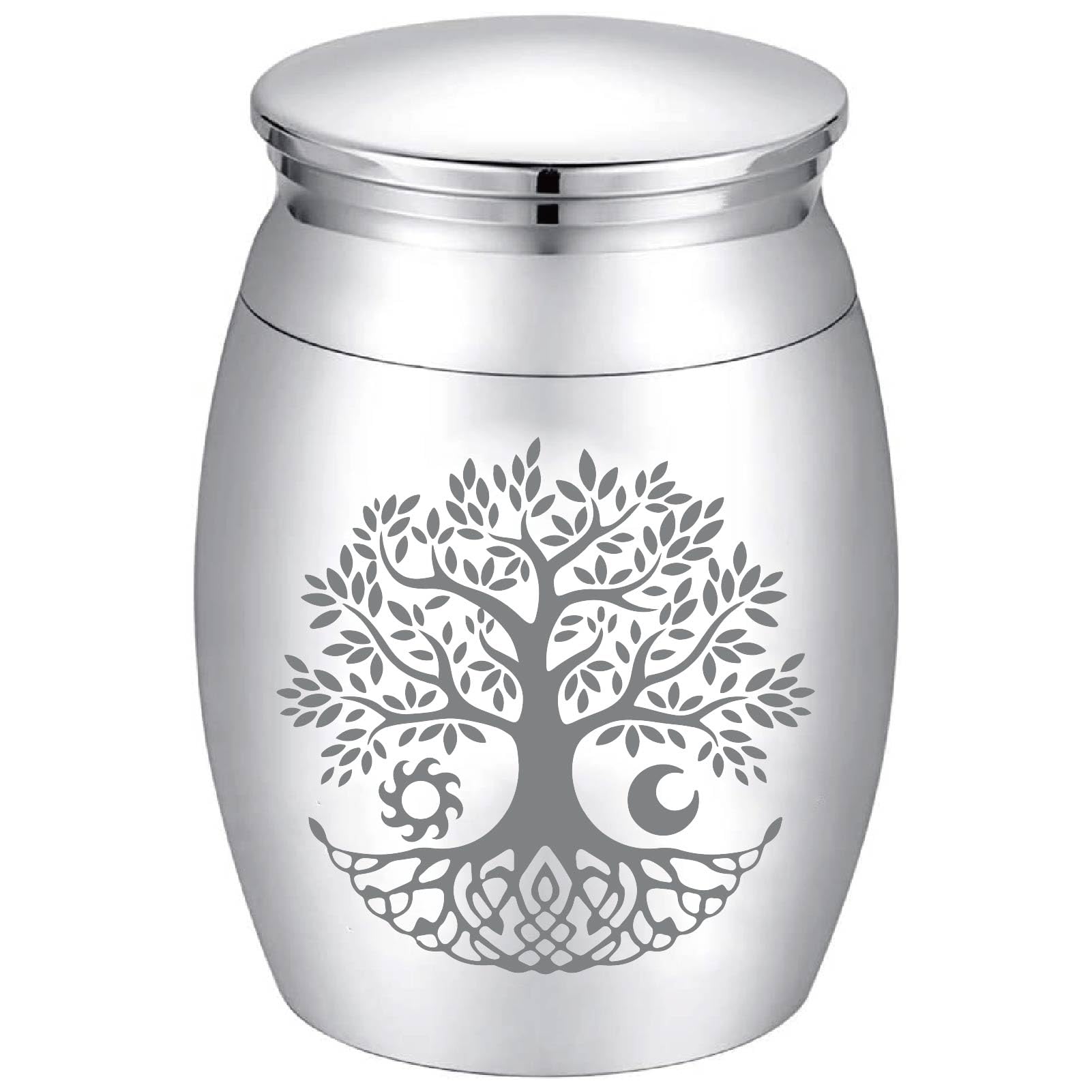 CREATCABIN Tree of Life Small Urns for Ashes Mini Keepsake Urns Sun Moon Alloy Miniature Ash Holder Unique Tiny Sharing Token Urn Cremation Memorial for Female Male Human Pets 1.6x1.2 Inch(Silver)