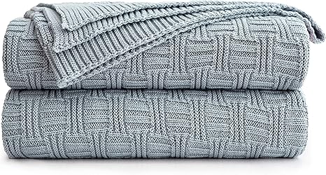 Amazon Com Grey Blue Cotton Knit Throw Blanket For Couch Sofa Bed Home Decorative Soft Cozy Sweater Woven Fall Cable Knitted Blankets Blue Gray 2 3 Pounds 50 X 60 Inch Kitchen Dining