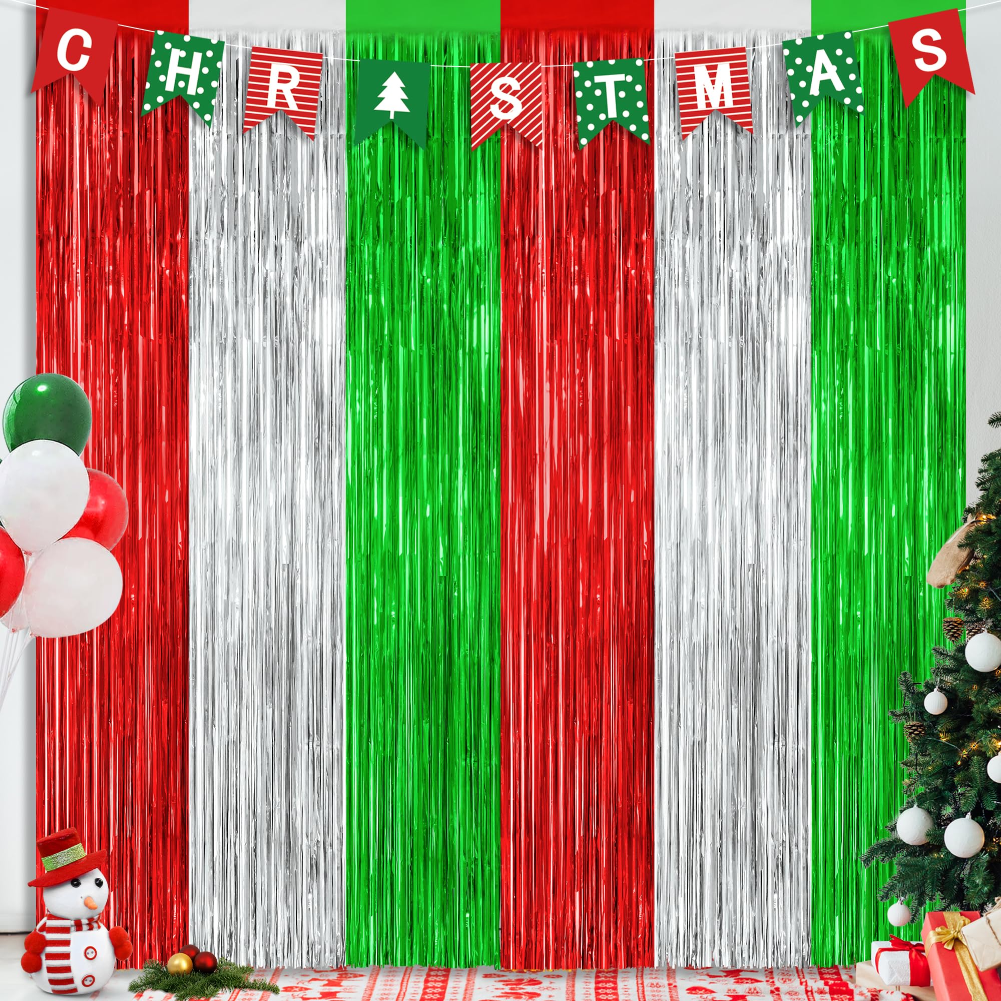 Photo 1 of 2 Pack Christmas Backdrop, 3.28 FT x 7.05 FT Red Silver Green Party Streamer, Metallic Xmas Backdrop Fringe Curtains Foil Tinsel, Christmas Decorations Wall Decor Photo Booth Props