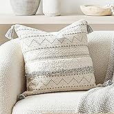 BlissBlush 20X20 Throw Pillow Cover, Cream Neutral Square Decorative Cushion Cover with Gray Pattern, Boho Accent Pillowcase with Tufted Details and Tassels for Couch Sofa Living Room (Cover Only)