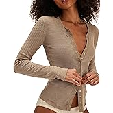 Bicondo Long Sleeve Button Down Shirts for Women Cute Tops Fall Cardigan Sweater Waflle Knit Tops