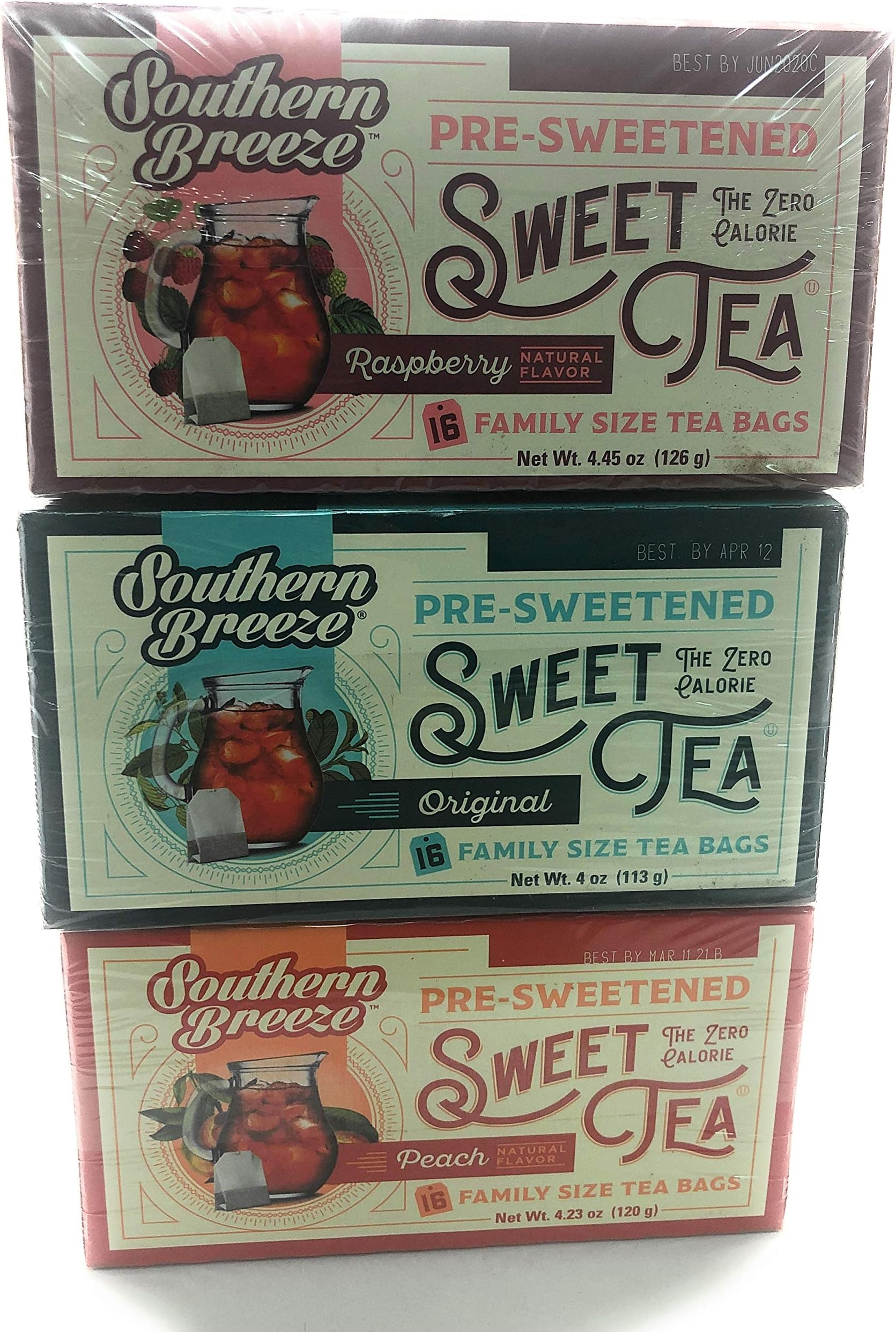 Southern Breeze Sweet Tea Family Size Box of 3 Variety, Raspberry, Original, and Peach