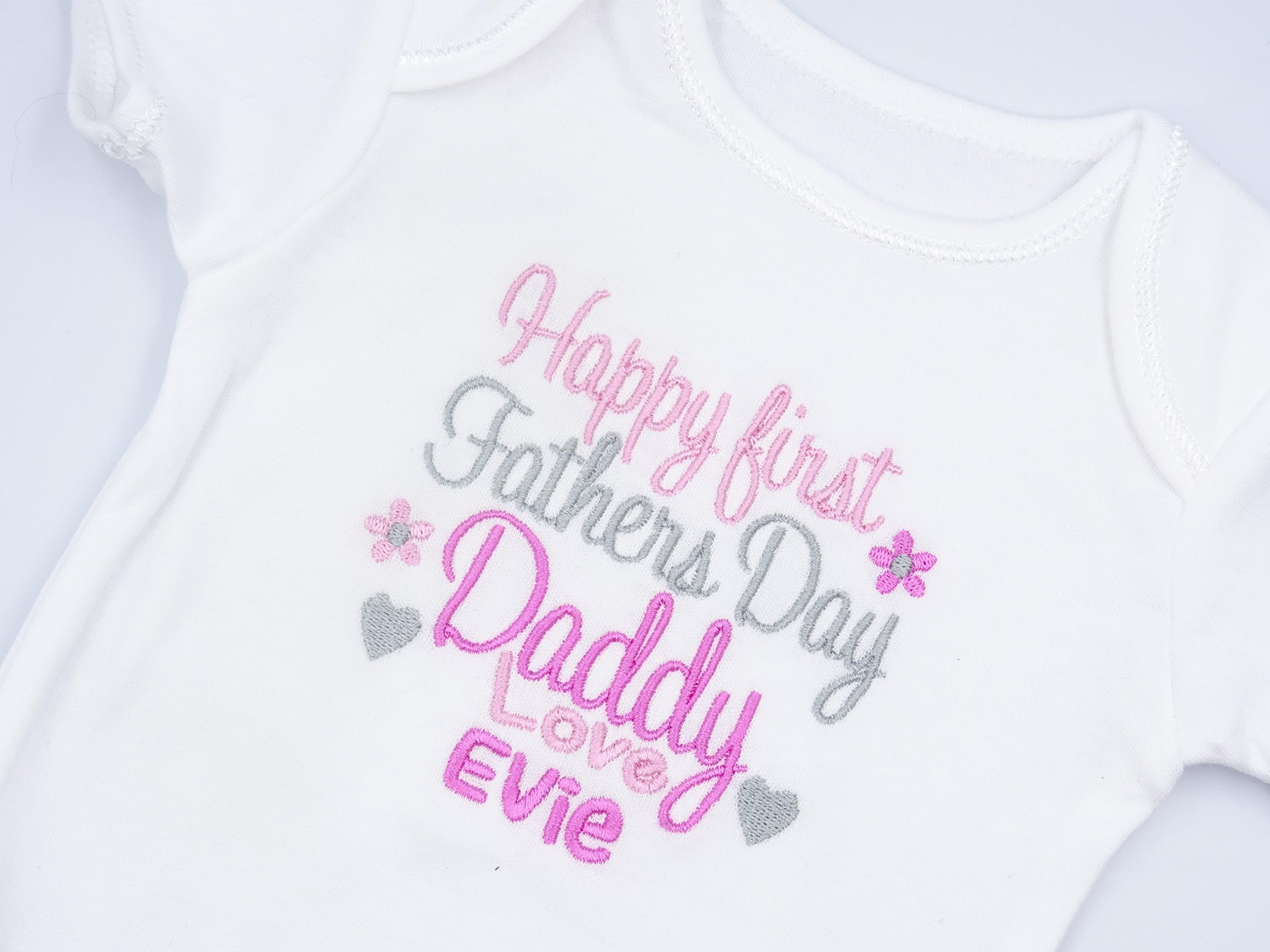 Personalised Embroidered Baby Girls Short Sleeved Bodysuit/Vest - Happy First Fathers Day Daddy Love **Name** - Girl's Novelty Unique Gift & Keepsake - Baby Shower New Arrival (Newborn)
