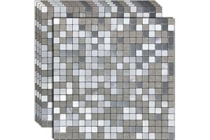 YMMXGE 5-Sheet Peel and Stick Metal Backsplash Tile Stick on Kitchen 3D Wall Decor Aluminum Mosaic Tiles for Bathroom, 12"x12"x0.15" (5, Silver Grey Mixed)