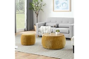 Niccae 2-Piece Set Round Chenille Storage Ottoman, Equipped with a Drum Shaped Small Stool, Storage Space, and MDF Made Desktop Panel (Dark Yellow, 25"x25"x14.7")