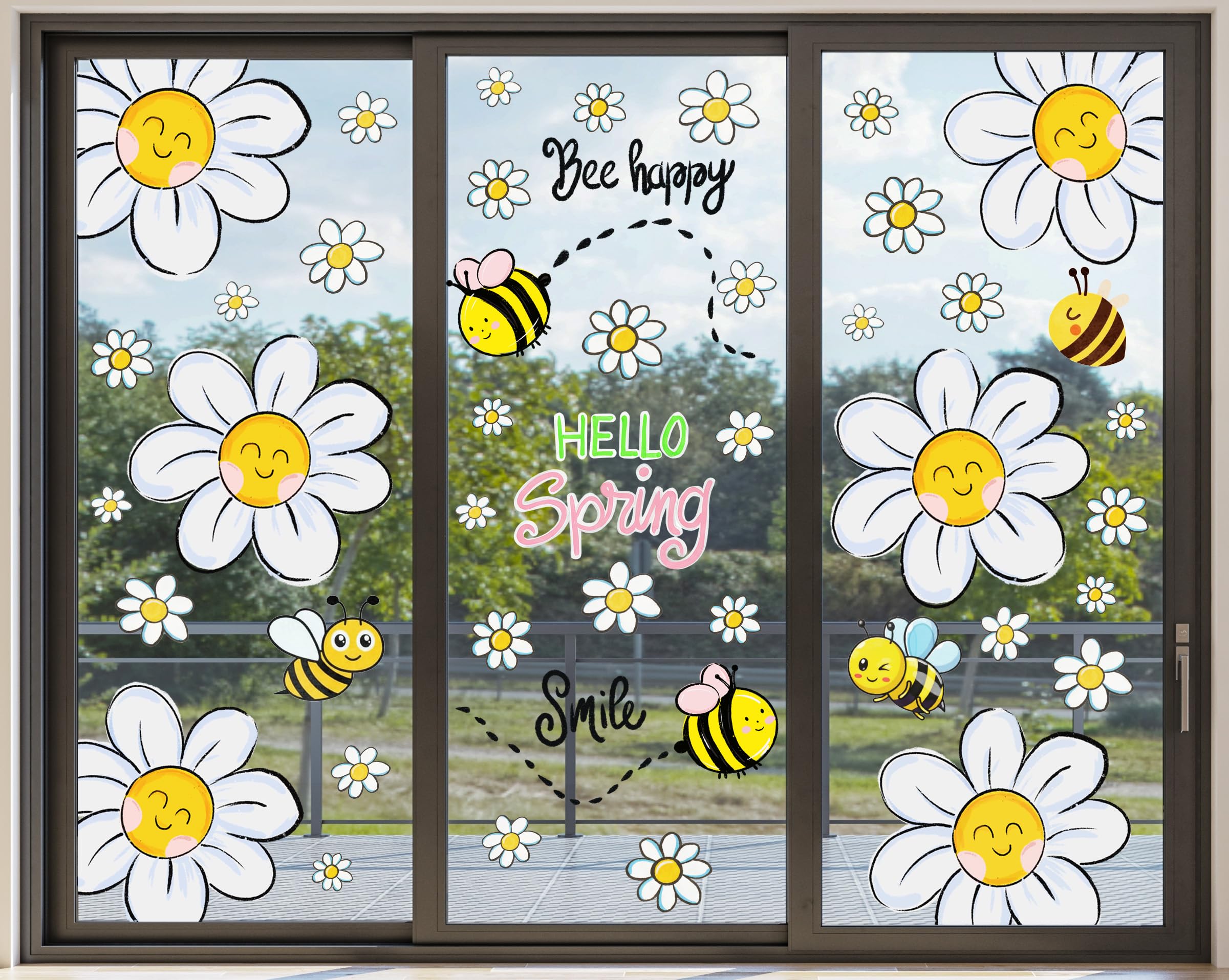 Spring Daisy Window Clings Decorations for Glass Hello Spring Window Stickers Bee Happy Cute Large Daisy Flower Window Stickers Decal Spring Door Wall Window Decor