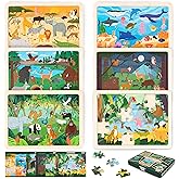 BONNYCO Wooden Puzzles for Kids Ages 4-6 and 3-5. Set of 6 Jigsaw Puzzles 24 Pieces with Board, Animals from Diverse Ecosystems. Educational Toys, Learning Gifts for Boys, Girls