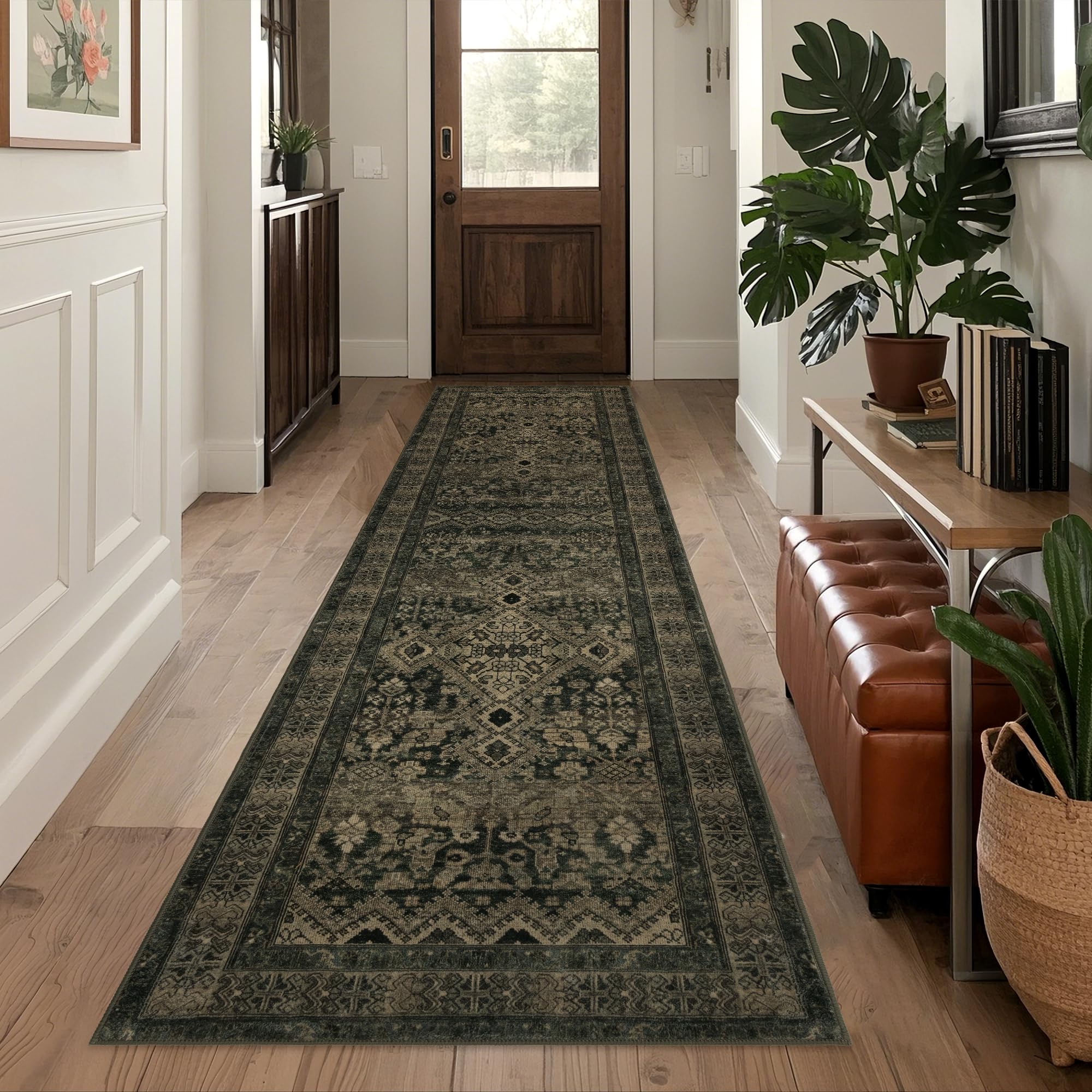 Luxcrest Dark Green Runner Rug: 2x6 Washable Rug for Hallway Kitchen Entryway Indoor - Vintage Long Soft Non-Slip Thin