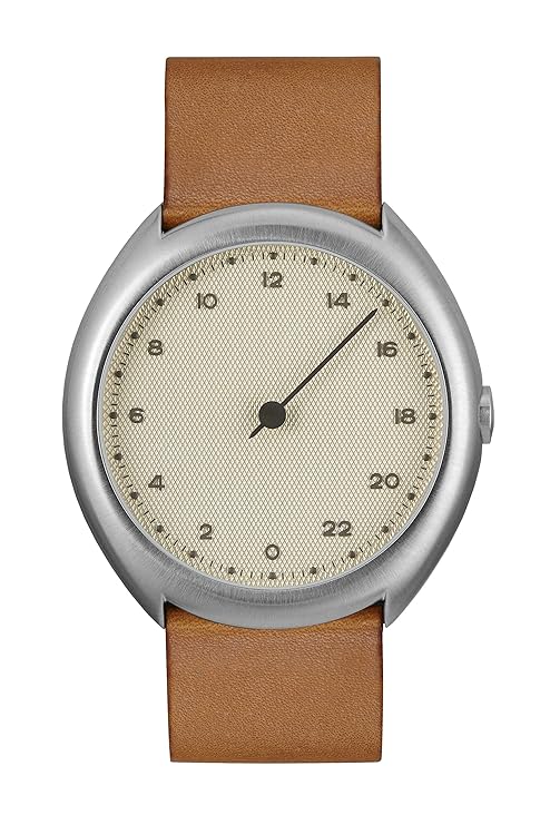 slow O 07 - Schweizer Unisex Einzeigerarmbanduhr analoge 24 Stunden Anzeige Silber mit braunem Vintagelederband