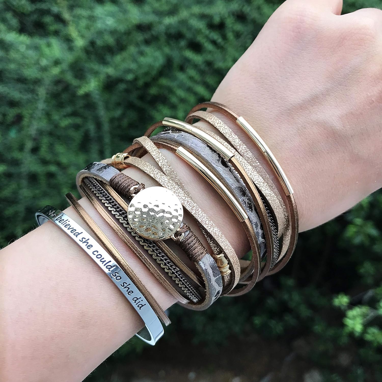 AZORA Leather Wrap Bracelets for Women Goldplated Metal Crescent Cuff Bracelet with Magnetic Buckle Casual Bohemian Wrist Bangle Jewelry Gift for Ladies Teen Girls Sister Mum: Jewelry