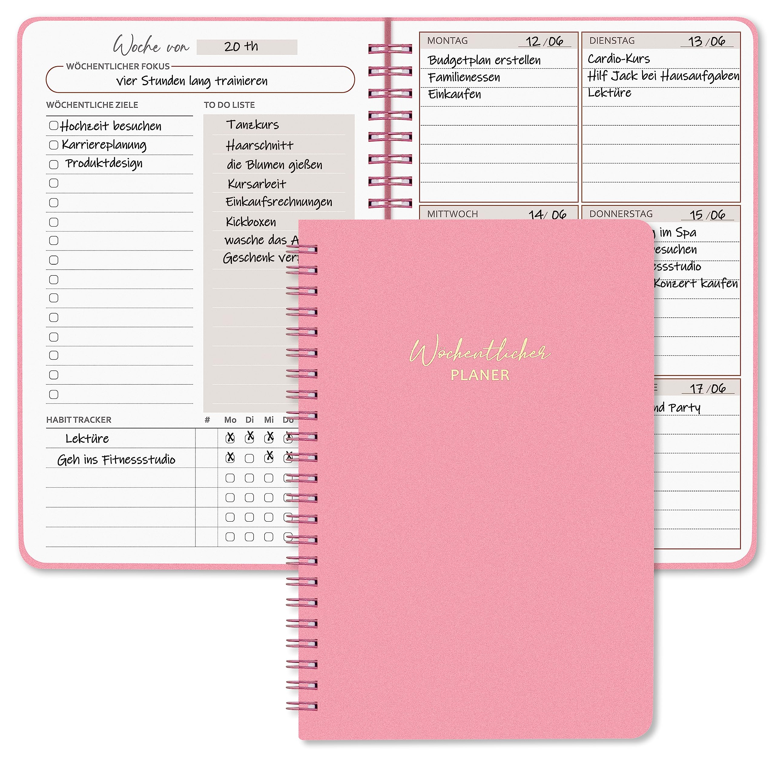 BIROYAL Pink A5 Planner, Undated Weekly Planner with To-Do List, 52 Sheets Diary, German Ring Binder Paper, 104 Pages, Size: A5, Color: Pink