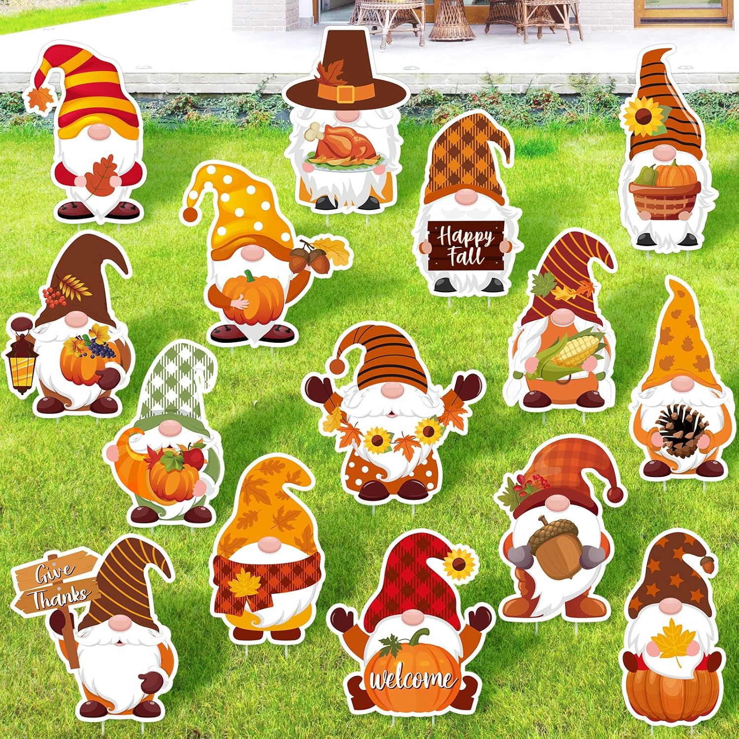 Yard Signs - Woanger 15 Pcs Thanksgiving Yard Signs Stakes Outdoor Decorations Fall Lawn Decorations Signs Gnome Elf Harvest Yard Decorations for Fall Thanksgiving Decorations Outside
