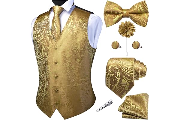 GUSLESON Men's V-Neck Suit Vests Formal Men Vest Paisley Jacquard Tie Waistcoat Bow tie Hanky Set Wedding 7PCS