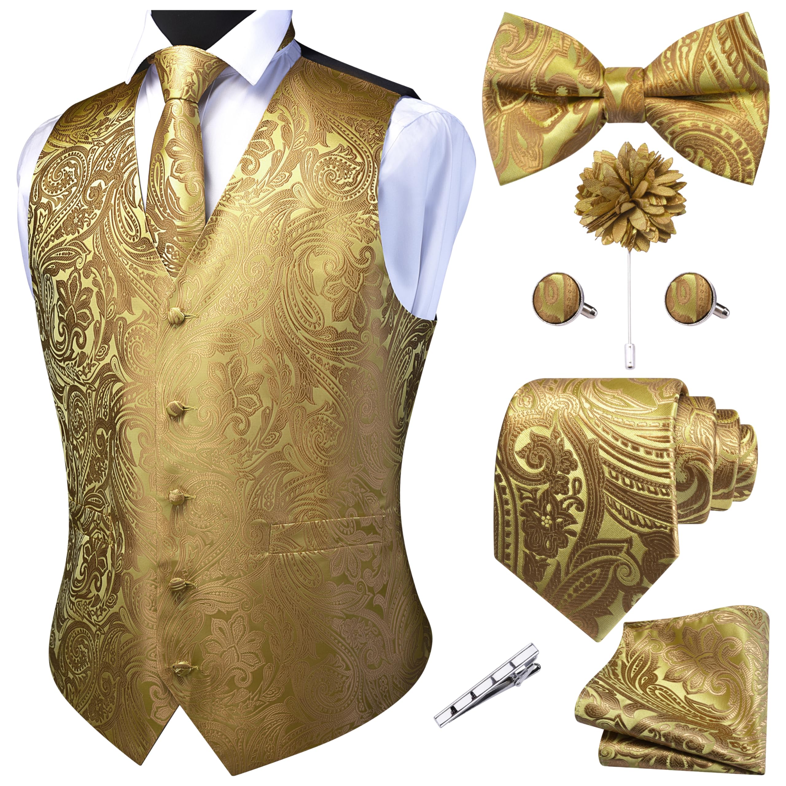 GUSLESON Mens Gold Paisley Suit Vest Tie and Bow